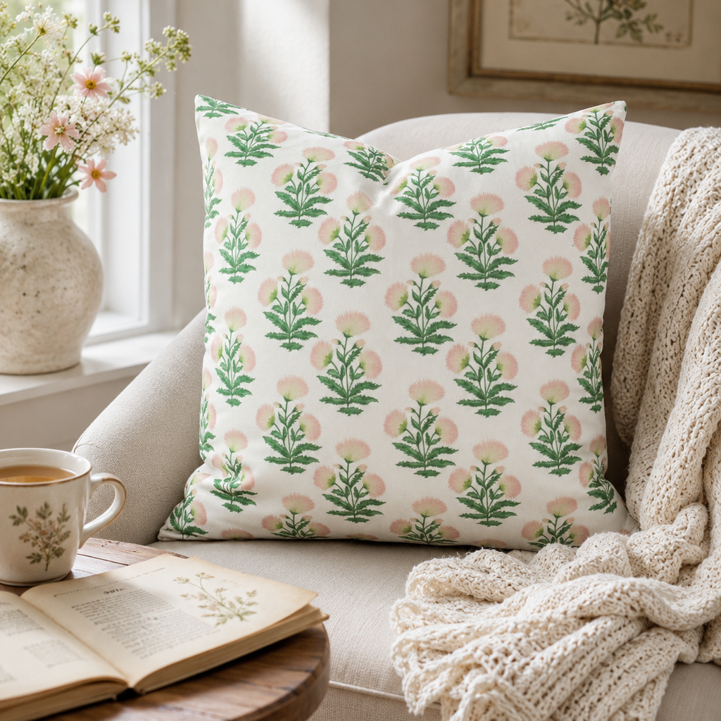 Floral-patterned pillow on a sofa with a cup of tea, book, and flowers in the background.