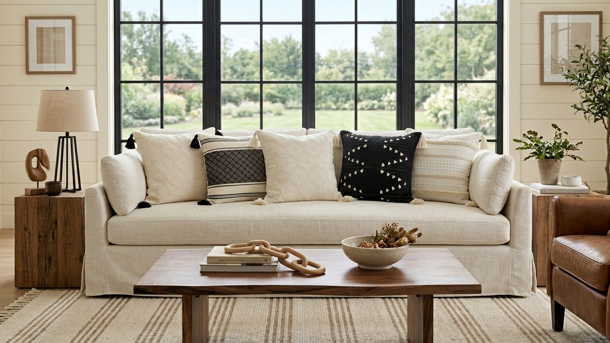 Living room with a beige sofa, featuring 5 decorative throw pillows. Black and white throw pillow covers are removable for easy swapping, storing, and cleaning.
