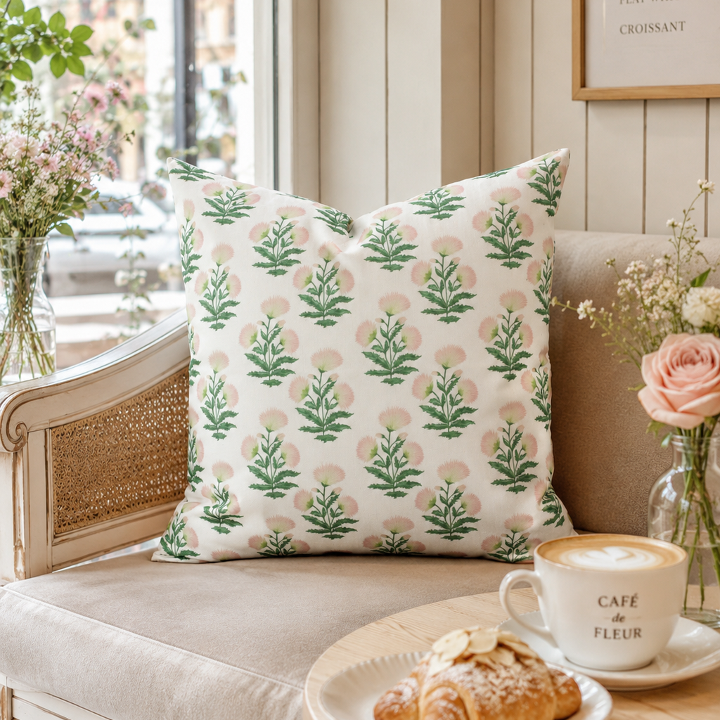 Decorative pillow with floral pattern on a sofa with a cup of coffee and pastries. Throw pillow features removable cover with green and pink florals.
