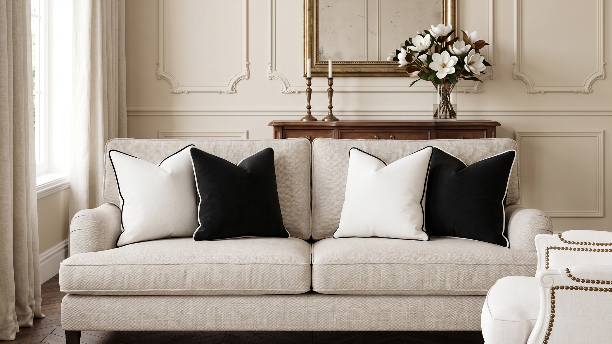 Beige sofa with black and white velvet pillows in a living room setting. Velvet pillow covers are removable for easy swapping and cleaning.