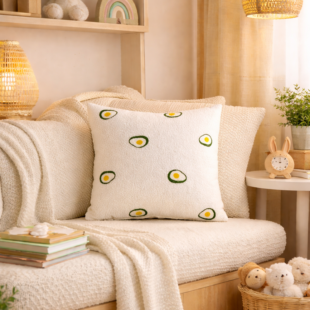 Decorative pillow with avocado pattern on a beige sofa in a cozy kid room. Removable pillow cover for easy cleaning for children's room.
