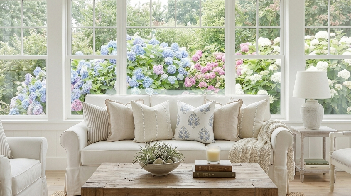 Living room with a white sofa, wooden coffee table, and large windows with floral view. Couch features white and cream colored throw pillows with decorative, removable covers.