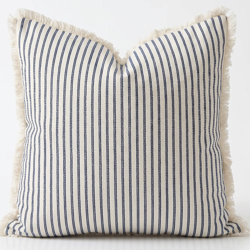 Throw pillow washable cover 20 x 20. Decorative pillow cover features a cream base with navy stripes and cream fringe.