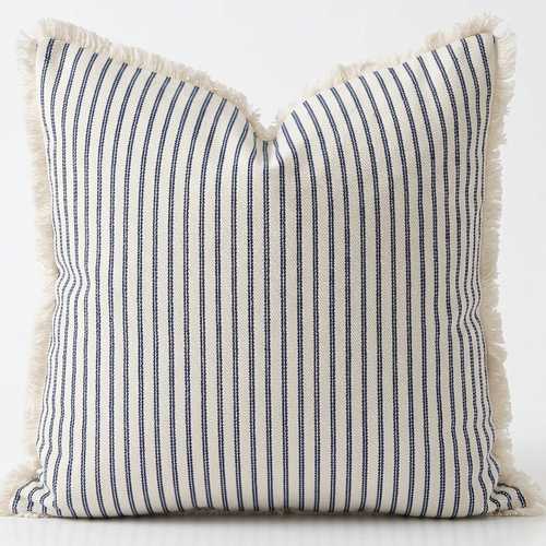 Throw pillow washable cover 20 x 20. Decorative pillow cover features a cream base with navy stripes and cream fringe.