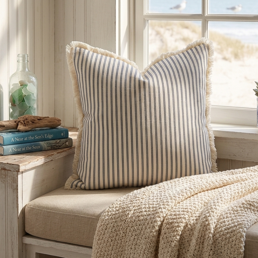 Striped pillow with fringe, on a cushioned bench with a window in the background
