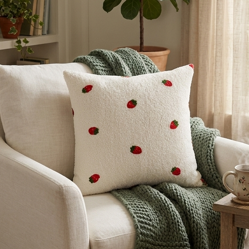 A square white throw pillow with embroidered red strawberries sits on a cream armchair draped with a chunky green knit blanket in a softly lit room. Throw pillow is removable and washable and has a zipper. Insert sold separately 