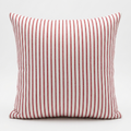 A square throw pillow with vertical red stripes on a white background, photographed against a clean white studio backdrop. Pillow cover has a zipper and cover can be removed and washed. Insert sold separately. 