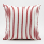 A square throw pillow with vertical red stripes on a white background, photographed against a clean white studio backdrop. Pillow cover has a zipper and cover can be removed and washed. Insert sold separately. 