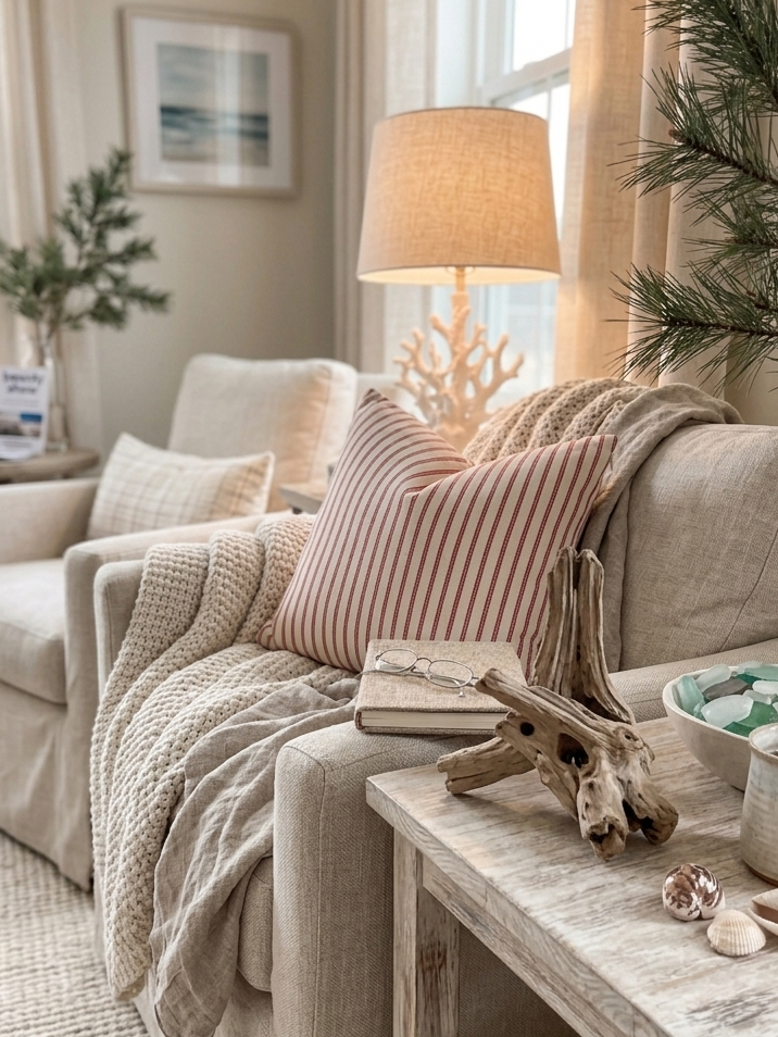 A cozy living room scene featuring a beige sofa styled with a red and white striped throw pillow. The pillow cover is removable and can be washed. Insert sold separately. The room is a coastal inspired interior. 