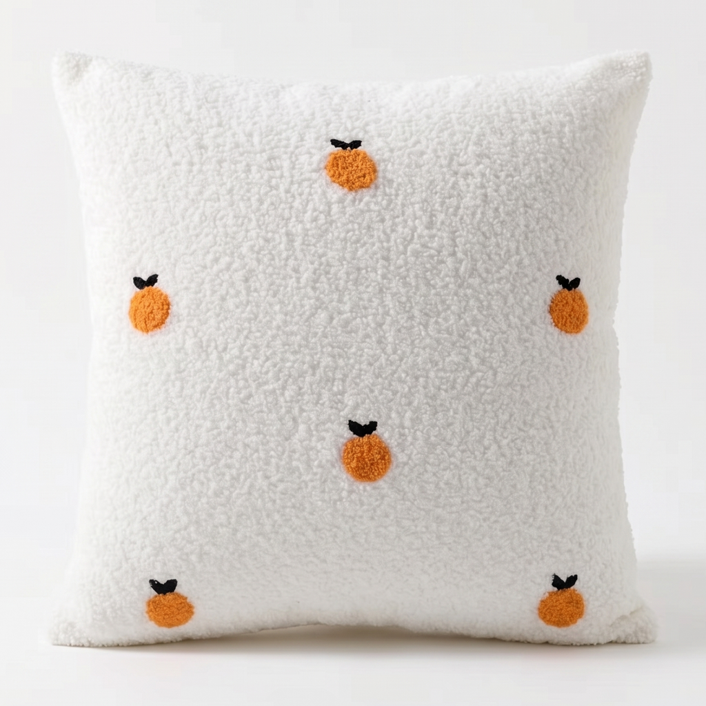 White pillow with orange fruit embroidered design on a white background