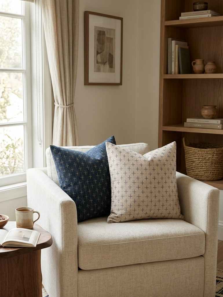 A cozy living room corner featuring a light beige armchair with two decorative throw pillows, one navy blue and one cream with a geometric pattern, set next to a wooden bookshelf. Pillow covers have a zipper to remove and wash covers. Inserts sold separately. 
