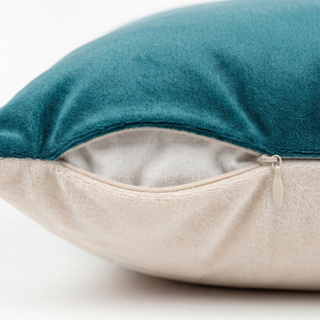 Close-up of a teal and beige pillow with a zipper on a white background