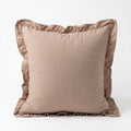 a product image of a brown pillow with ruffles. The pillow is 20x20 in size and has a zipper so the insert can be removed and the cover can be washed. 