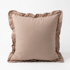 a product image of a brown pillow with ruffles. The pillow is 20x20 in size and has a zipper so the insert can be removed and the cover can be washed. 