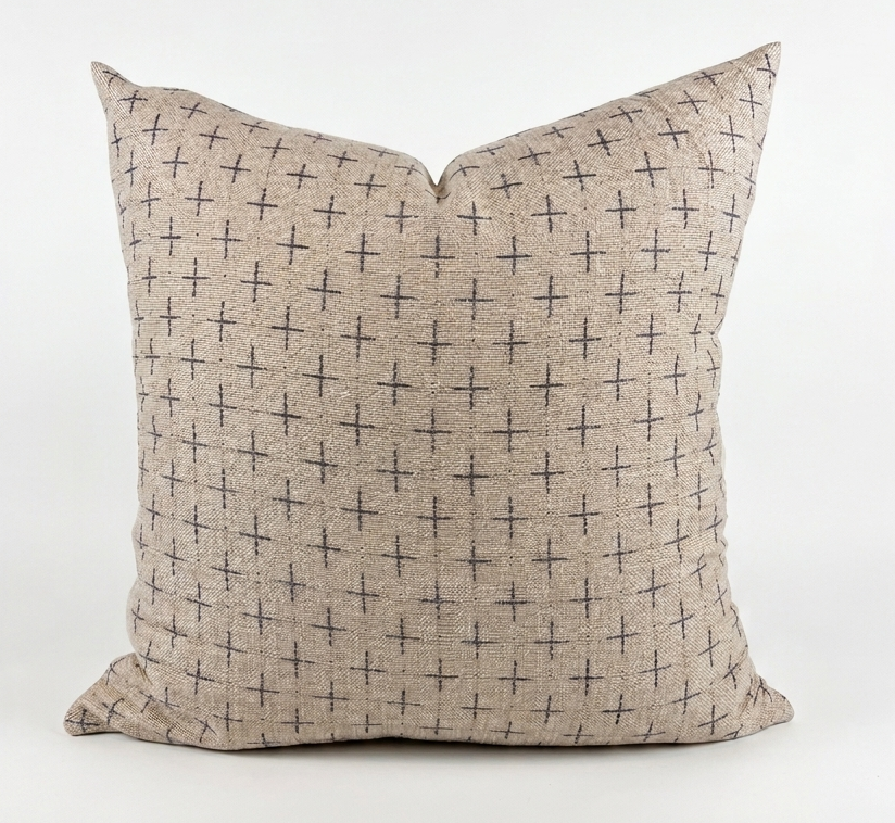 A square throw pillow in a textured beige linen fabric with a dark gray cross pattern, shown against a plain white background. Pillow cover has a zipper to remove the cover and wash. Insert sold separately. 