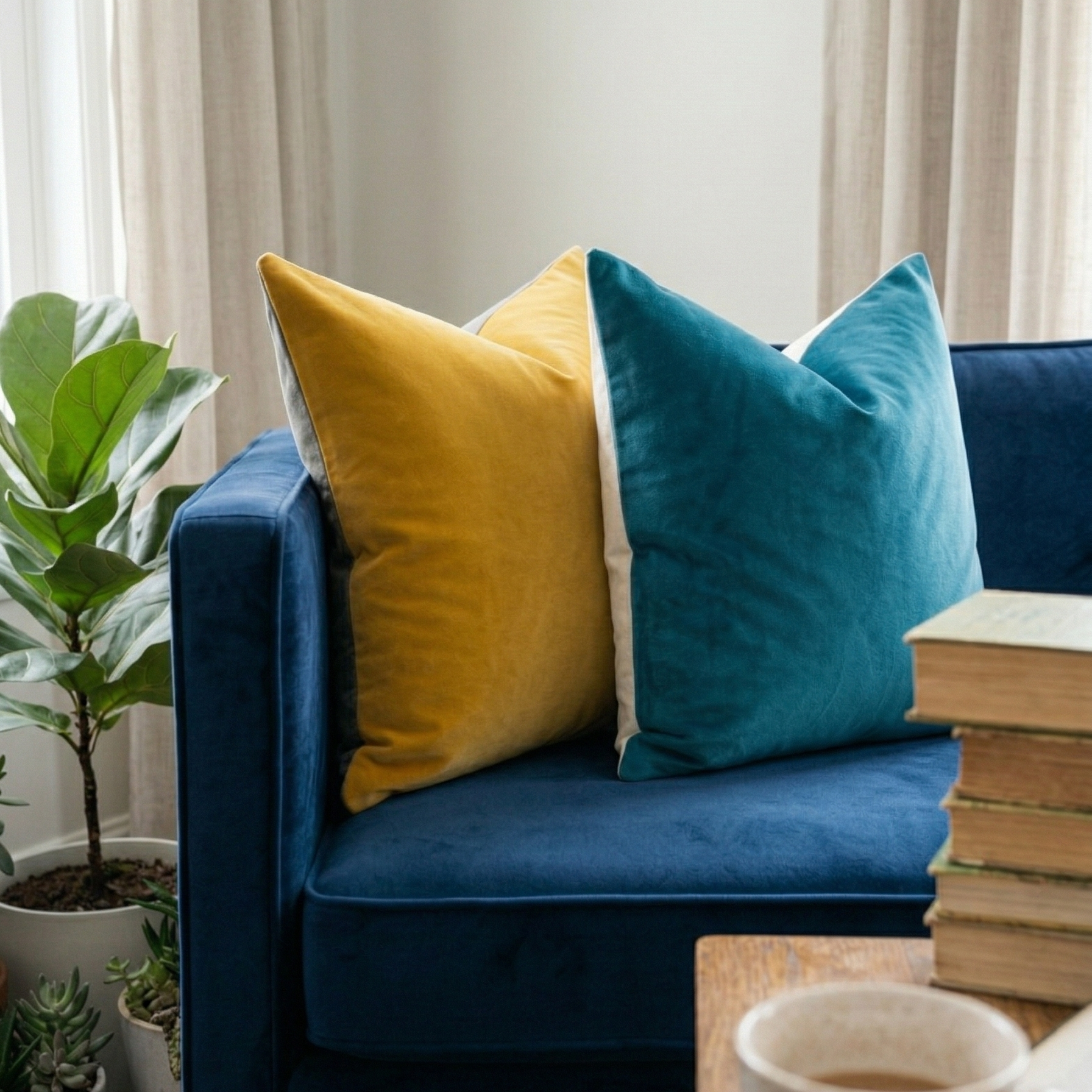 Blue sofa with yellow and teal velvet pillows, books, and a plant in a room. Washable velvet pillow covers are removable for easy swapping and cleaning.