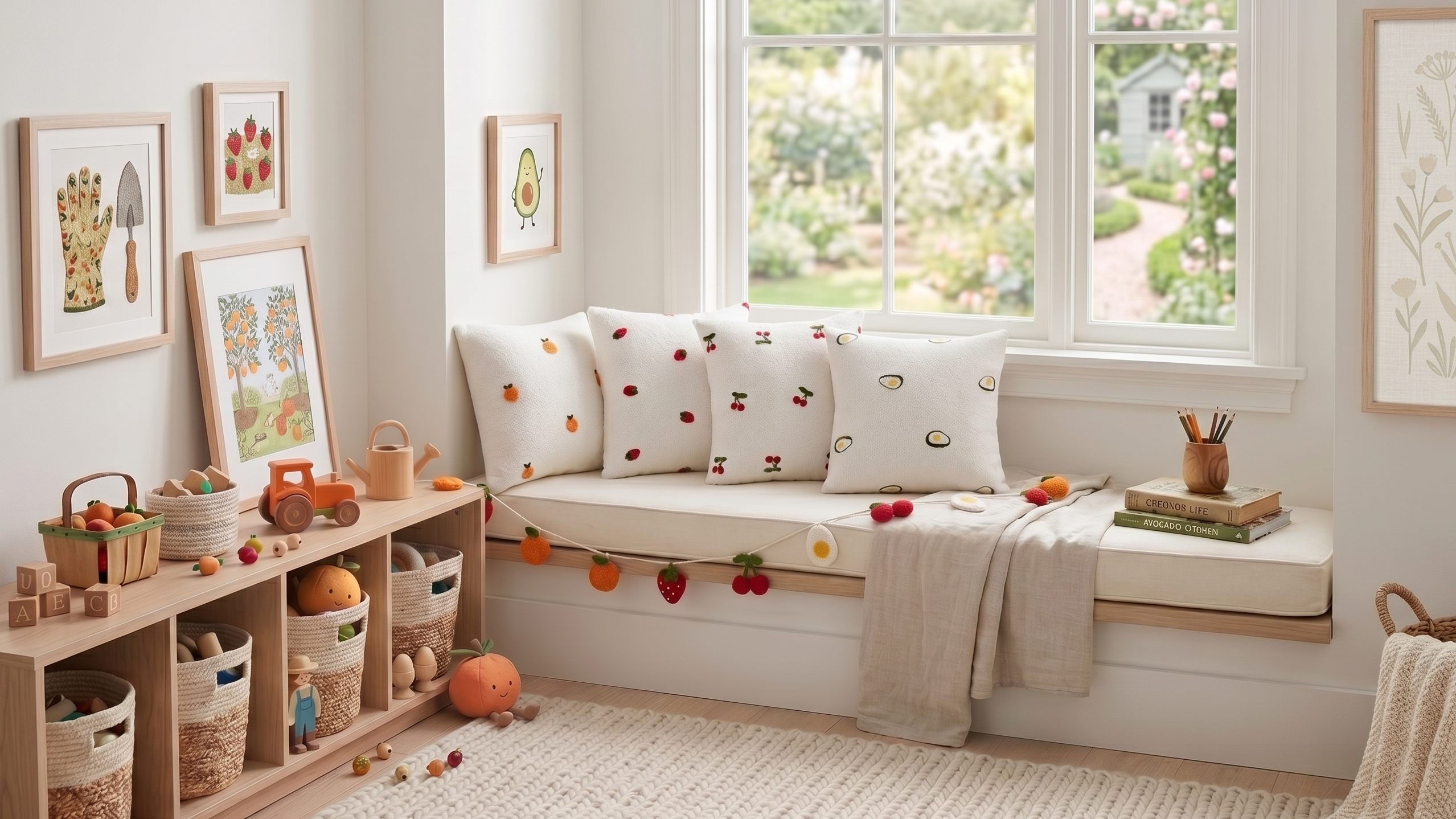 Children's room nook with cushioned bench and decorative pillows. Throw pillows feature playful orange, strawberry, cherry, and avocado icons.