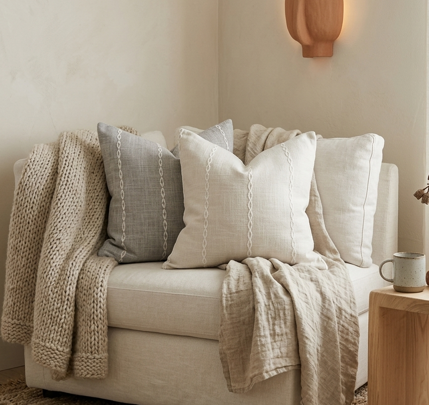 Beige sofa with decorative pillows and a blanket in a cozy living room setting.