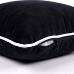 Black velvet pillow with white trim. Featuring side zipper for easy removal.
