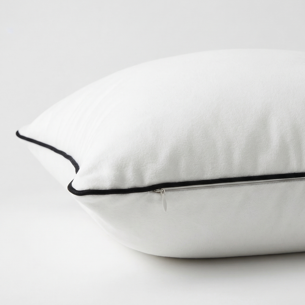 White velvet pillow with black trim. Pillow cover is removable with featured side zipper.