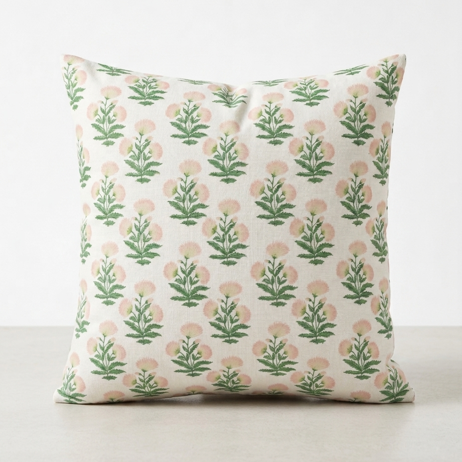 Cream colored decorative pillow with pink and green floral pattern on a white background