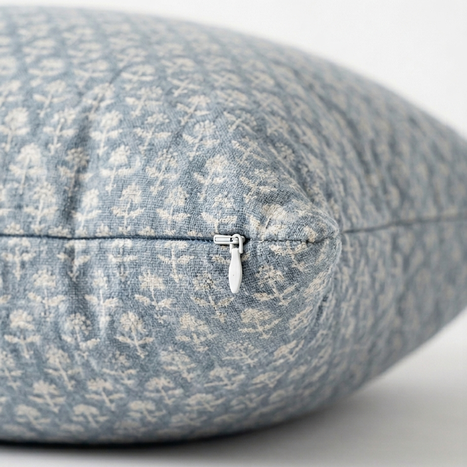 Textured blue pillow with a zipper on a white background