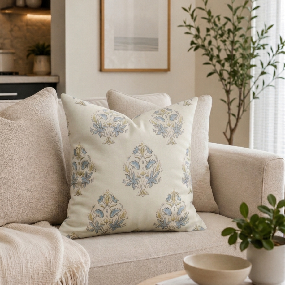 Decorative blue and white pillow on a beige sofa in a living room setting. Throw pillow features washable cover.