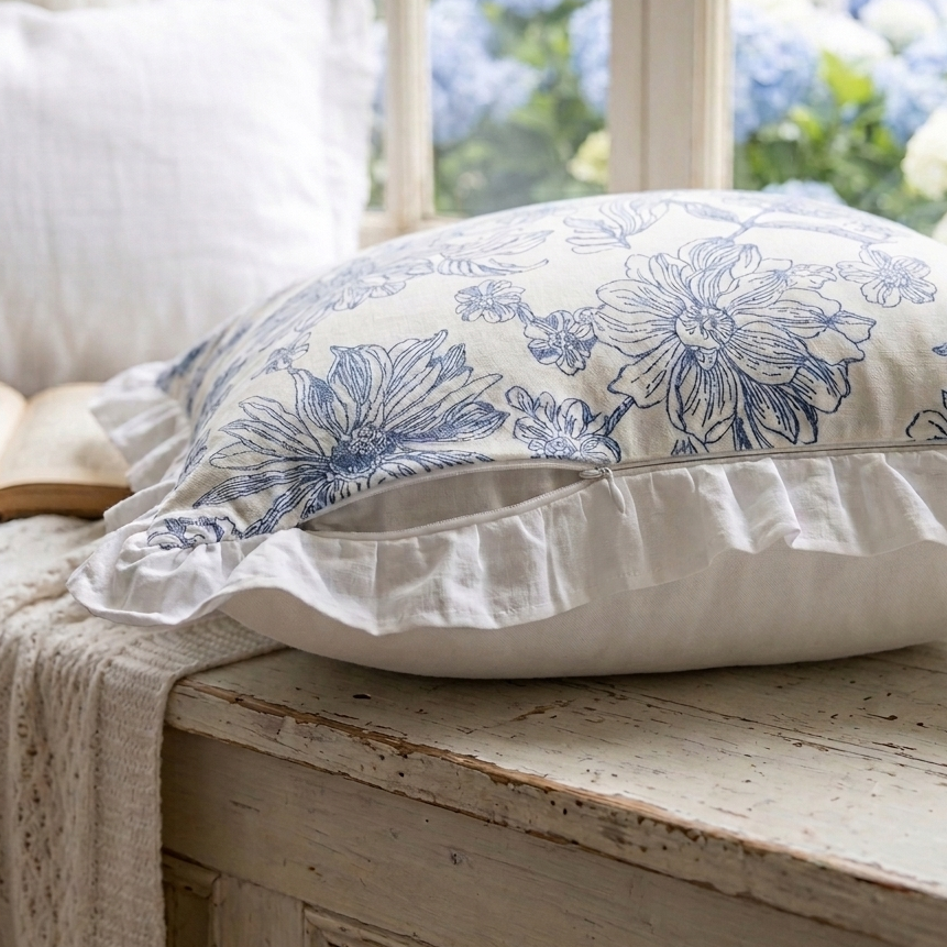 Blue and white floral-patterned pillow on a wooden surface with hydrangeas in the background