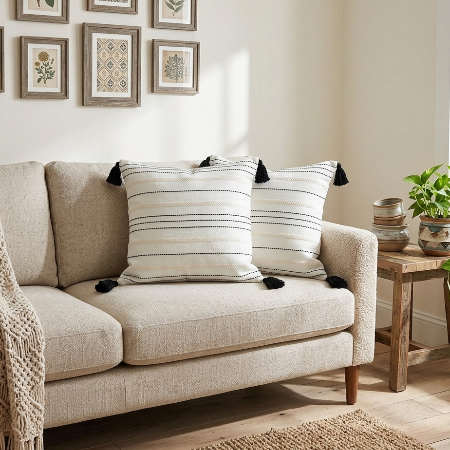 Beige sofa with striped pillows in a neutral-tone living room setting.