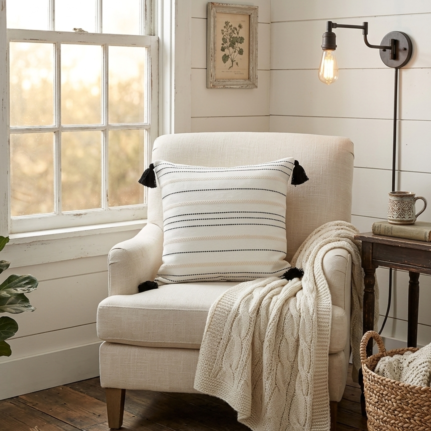 Cozy armchair with a striped pillow and blanket in a home setting. Pillow cover is white with stripes and black tassels.