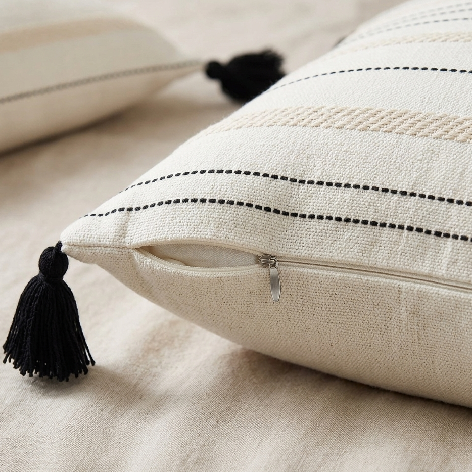 Beige pillow with black tassels on a beige surface. Highlighting the pillow cover's zipper for easy removal.