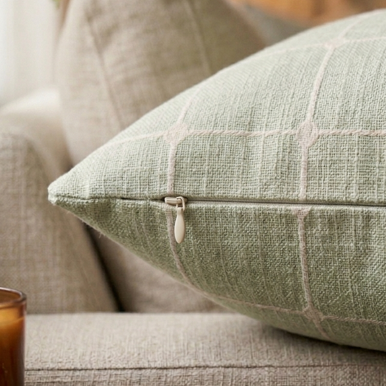 Green textured pillow on a beige sofa. Featuring side zipper for easy removal.