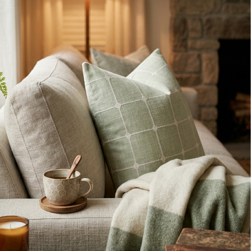 Cozy living room with a beige sofa, green pillow, and a cup of coffee. Pillow cover features a hand-sketched grid in white against a muted juniper-linen base. Remove cover for easy cleaning.