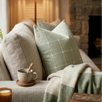 Cozy living room with a beige sofa, green pillow, and a cup of coffee. Pillow cover features a hand-sketched grid in white against a muted juniper-linen base. Remove cover for easy cleaning.