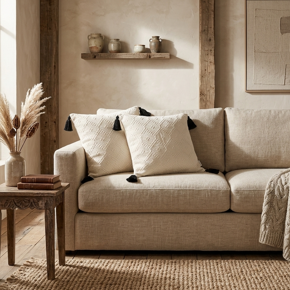 Beige sofa with decorative pillows in a cozy living room setting. Pillows featuring the Lattice Weave removable pillow cover by Moodie Pillows.