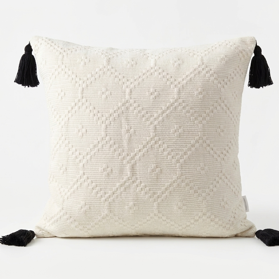 White textured decorative pillow cover with black tassels. 20x20 pillow cover with zipper for easy removal.