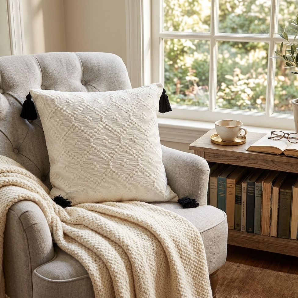 Decorative pillow cover with zipper 20x20. The Lattice Weave pillow showcases a geometric weave in ivory, and black tassels.
