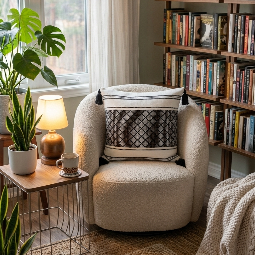 Cozy living room with a beige armchair, featuring a decorative throw pillow with a black and white striped cover.