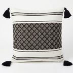 Decorative pillow with black and white pattern and tassels. Removable throw pillow cover 20 x 20.