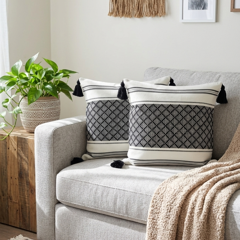 Gray sofa with patterned black and white pillows, next to a wooden side table with a plant. The decorative throw pillows feature Moodie Pillows removable covers for easy swapping and washing.