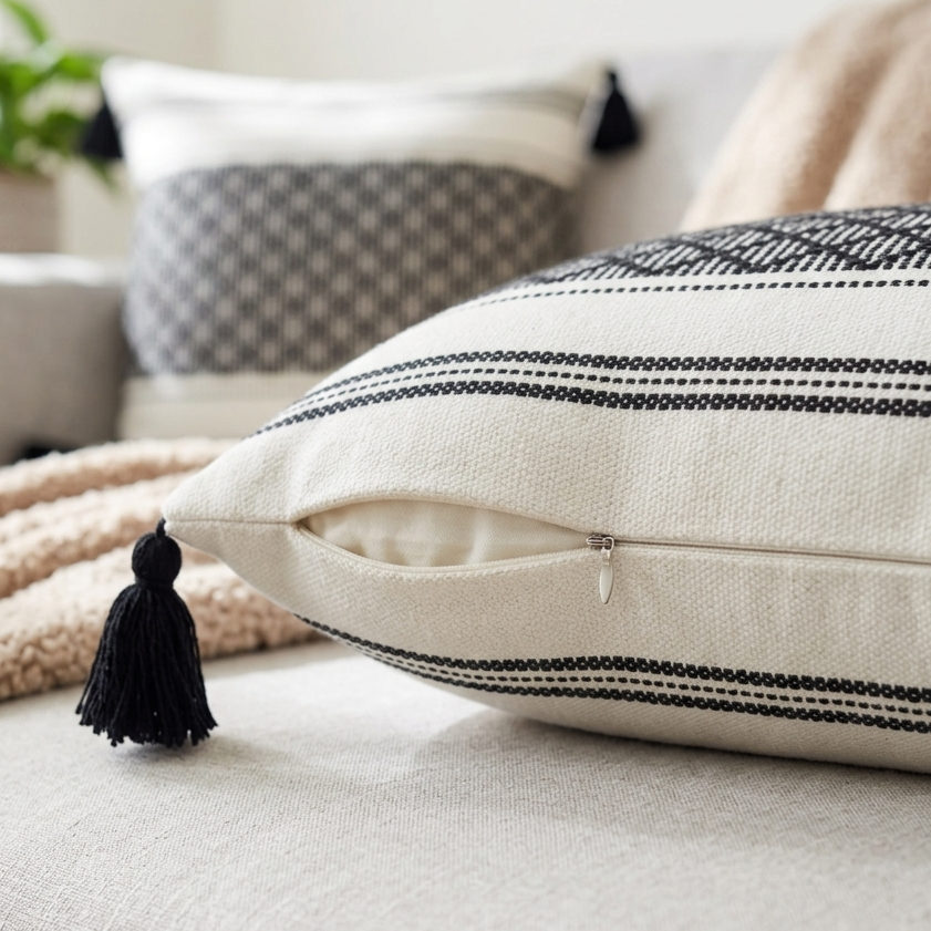 Decorative pillow with tassel on a sofa. Highlighting the pillow cover's zipper for easy removal.
