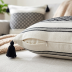 Decorative pillow with tassel on a sofa. Highlighting the pillow cover's zipper for easy removal.