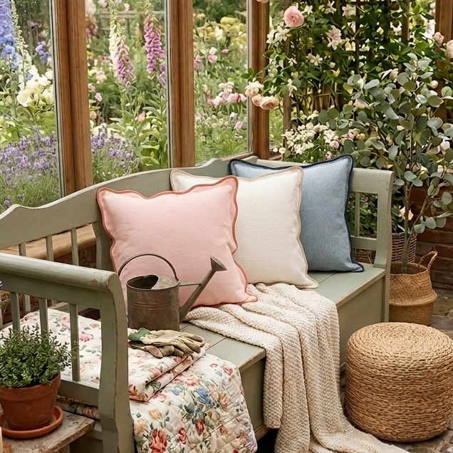 Decorative bench with colorful, scalloped edge pillows and a floral blanket in a garden setting