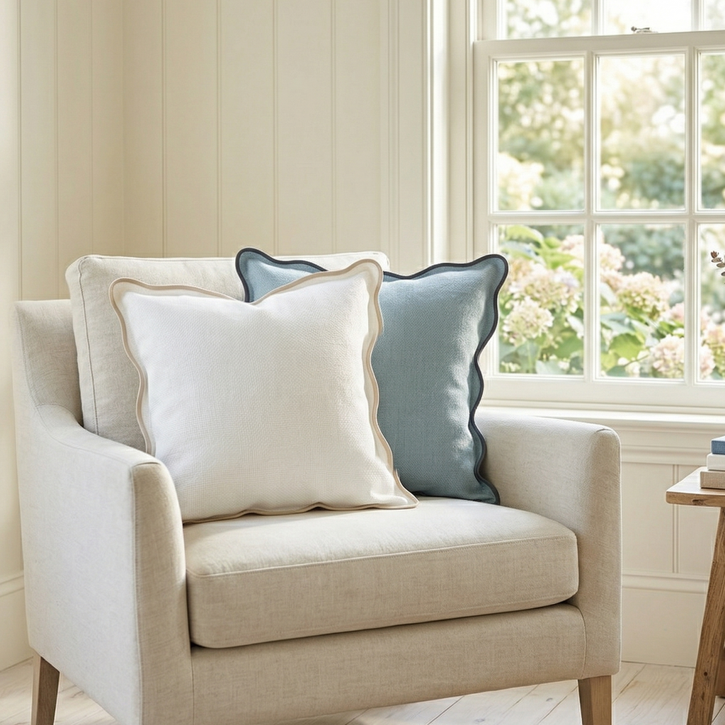 Beige armchair with white and blue washable throw pillows in a room with a window and floral view.