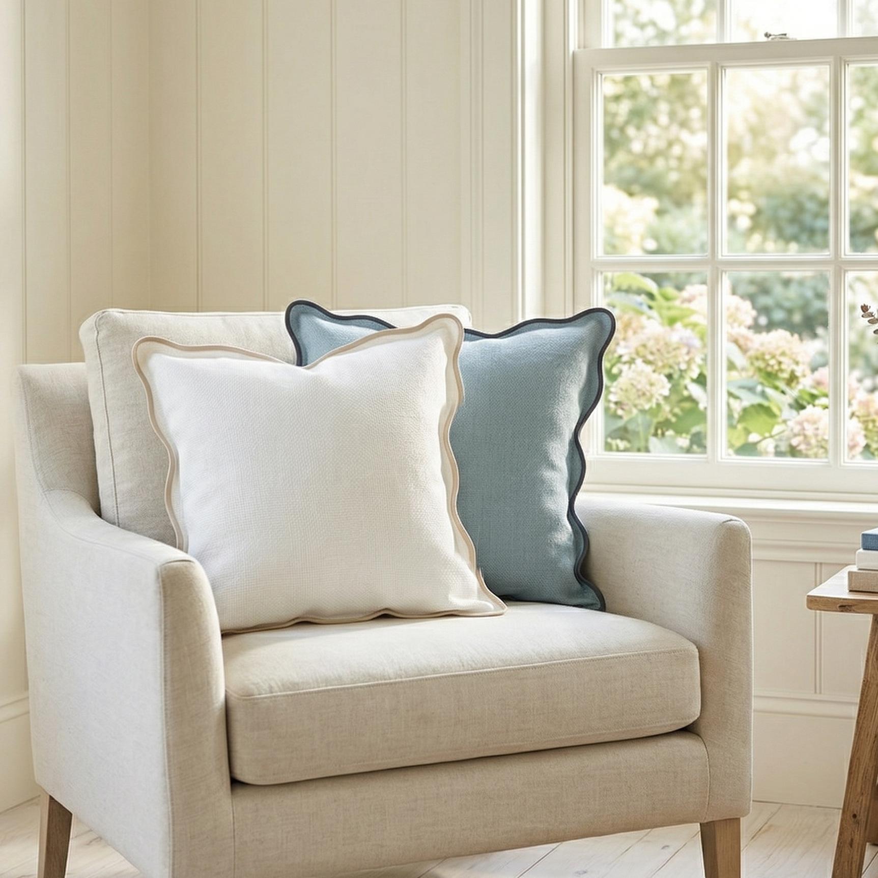Beige armchair with white and blue washable throw pillows in a room with a window and floral view.