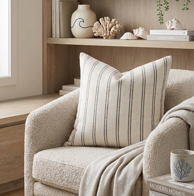 Beige armchair with decorative white, striped throw pillow, and a wooden shelf in the background