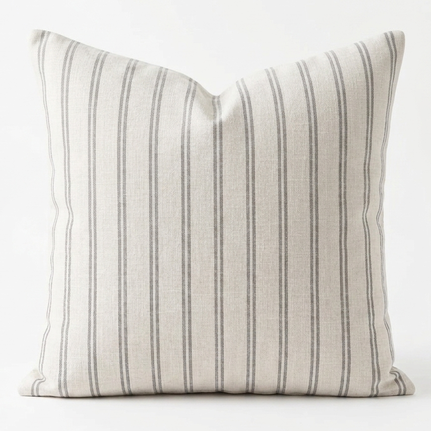 White linen, decorative, removable pillow cover with grey stripes.