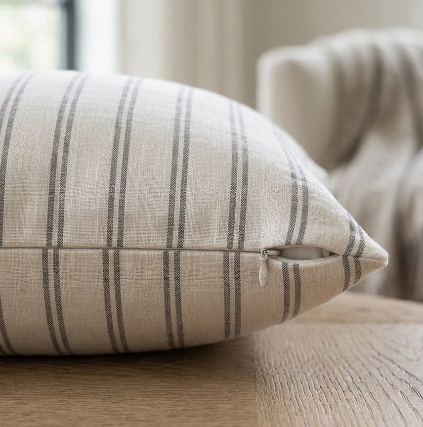 White striped decorative throw pillow with removable cover.