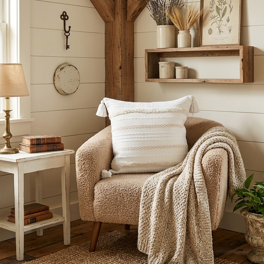 Cozy living room with a plush armchair, side table, and white textured throw pillow. Throw pillow features removable cover for easy washing.
