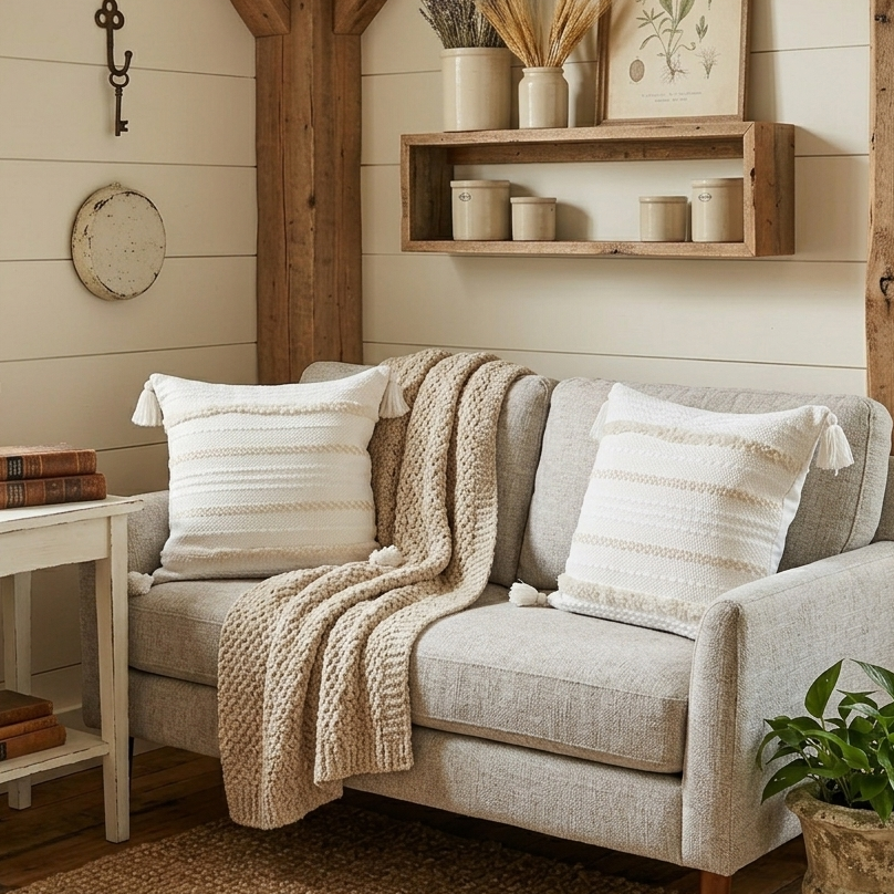 Cozy living room with a beige sofa, throw blanket, and decorative pillows.